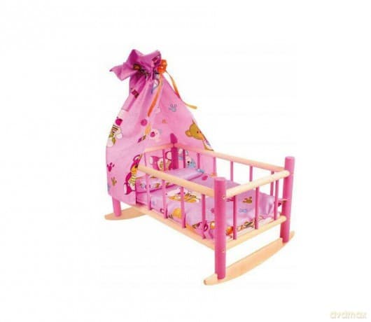 Kołyska z baldachimem drewniane kolorowe z pościelą 60 cm LAZUR