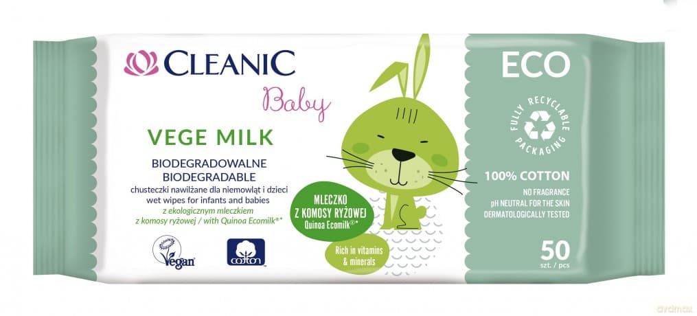 Cleanic Baby Eco Chusteczki nawilżane dla niemowląt i dzieci Vege Milk - biodegradowalne 1op.-50 szt