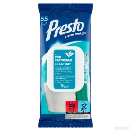 Presto Ściereczki czyszczące+płyn 2w1 do łazienki - zamknięcie pop up-55szt