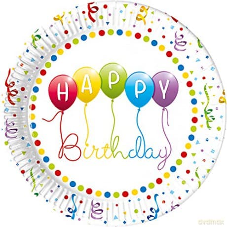 Talerzyki papierowe Happy Birthday Streamers, next generation, 23 cm, 8 szt. (plastik-free)