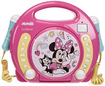 LEXIBOOK Disney Junior Minnie Mouse CD player for kids with 2 toy microphones, headphones jack, with batteries, pink, RCDK100MN