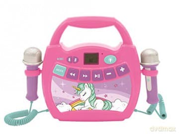 LEXIBOOK MP320UNIZ Unicorn-Portable Karaoke Digital Player for Kids - Microphones, Light Effects, Bluetooth, Record and Voice Changer Functions, Rechargeable Battery, Pink