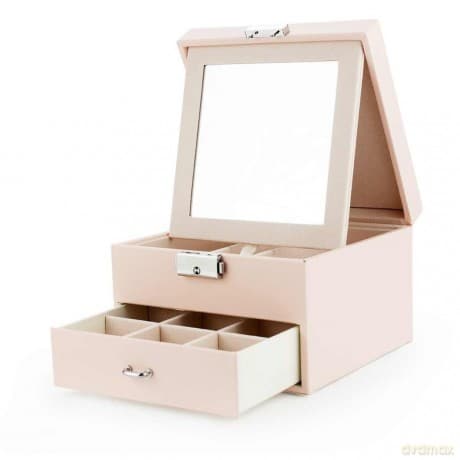 Szkatułka-kuferek na biżuterię z lusterkiem i szufladką - różowa