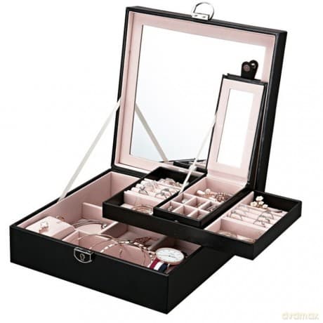 Szkatułka-kuferek na biżuterię z lusterkiem i wkładką - czarna