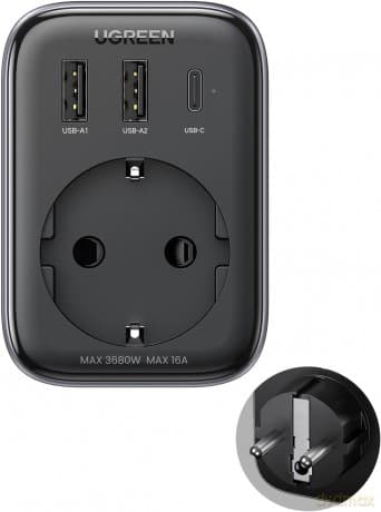 Ładowarka sieciowa 30W (2xUSB/USB C/AC) / adapter EU - EU 13A Ugreen CD314 - czarna