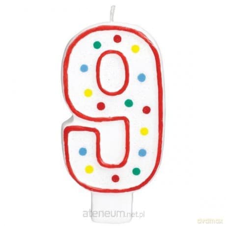 Świeczka urodzinowa cyferka 9 biała w kropki