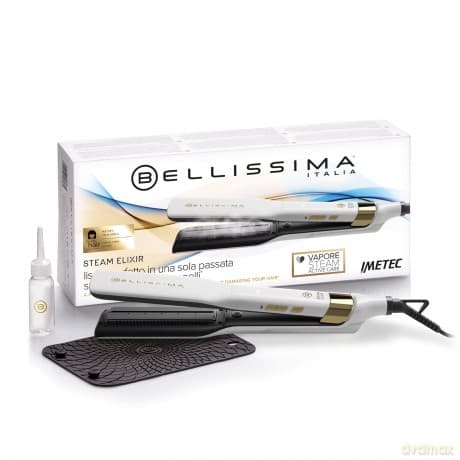 Bellissima Steam Elixir, Dampf- Haarglätter, glattes Haar in einem gang ohne Schäden, Glätteisen, Beschichtung aus Keramik und Arganöl, schnelle Erwärmung, 4 Temperaturen, hitzebeständige Schutzmatte