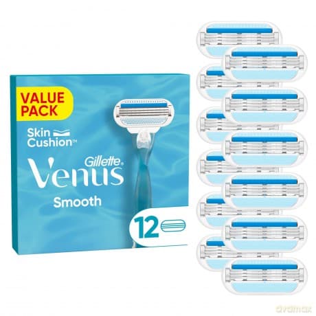 Gillette Venus Smooth Rasierklingen für Rasierer Damen, 12 Ersatzklingen für Damenrasierer mit 3 sich der Körperkontur anpassenden Klingen, umgeben von Schutzkissen