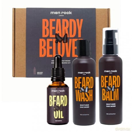 Men Rock Beardy Beloved Bartpflege Set für Männer mit Eichenmoos-Duft, 3-tlg. - Bartshampoo, Balm & Öl