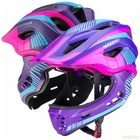Kask rowerowy Rockbros TT-32SBPP-M dziecięcy z odpinaną szczęką rozmiar M - fioletowo-różowy
