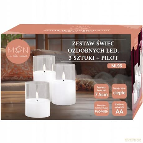Ozdobne świece LED zestaw 3 szt. białe szkło + pilot