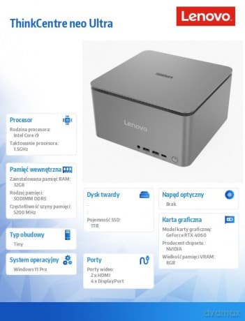 Komputer ThinkCentre Neo Ultra 12W1001XPB W11Pro i9-14900/32GB/1TB/RTX 4060 8GB/Luna Grey/vPro/3YRS OS