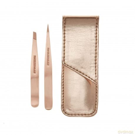 A set of tweezers in a Rose Gold case