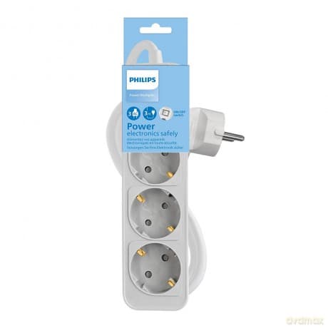 Przedłużacz sieciowy PHILIPS listwa zasilająca 3 gniazda Schuko 1,5m 10A biała