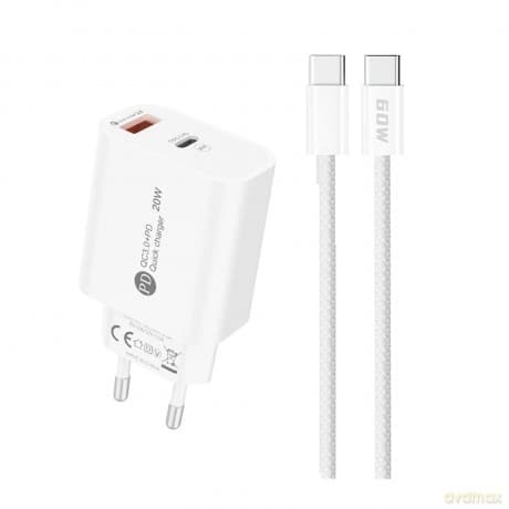 Ładowarka sieciowa A6MaxC 20W USB-A USB-C z kablem USB-C - USB-C 1m - biała