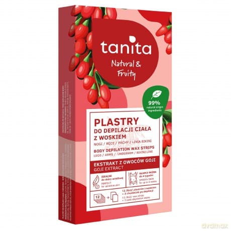 TANITA Natural Fruity Plastry do depilacji ciała z woskiem - z ekstraktem z owoców Goji 12 sztuk (6x2)+ 2 chusteczki po depilacji
