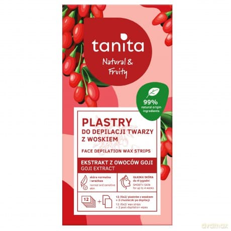 TANITA Natural Fruity Plastry do depilacji twarzy z woskiem - z ekstraktem z owoców Goji 12 sztuk (6x2)+ 2 chusteczki po depilacji
