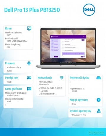 Laptop Dell Pro 13 Plus PB13250 W11P U5 235U/16GB/512GB/13.3 FHD+/Int/FgrPr&SmtCd/FHD/IRCam/Mic/WLAN+BT/BcklKb/3C/vPro/3YPS Aluminum