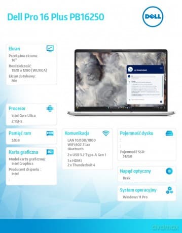 Laptop Dell Pro 16 Plus PB16250 W11P U7 265U/32GB/512GB SSD/16 FHD+/Int/FgrPr&SmtCd/FHD/IRCam/Mic/WLAN only+BT/BcklKb/3C/vPro/3YPS Aluminum
