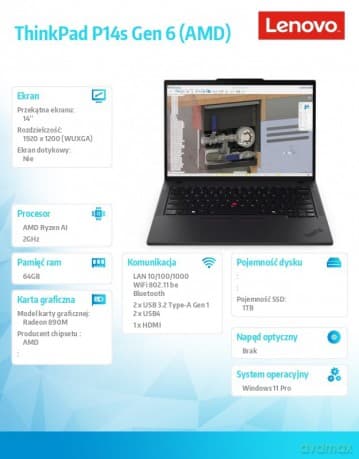 Mobilna stacja robocza ThinkPad P14s G6 AI 9 HX PRO 370/64GB/1TB/AMD Radeon/14.0 WUXGA/Black/3YRS Premier Support + CO2 Offset