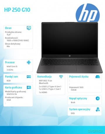 Notebook 250 G10 i5-1334U DOS 512GB/8GB/15.6 cali AK9P9AT#ABB