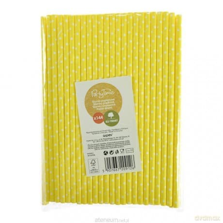 Słomki papierowe żółte w białe kropki 144szt