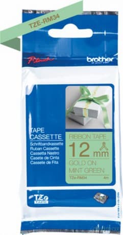 Brother - TZe-RM34 prints gold text on mint green 12mm satin ribbon