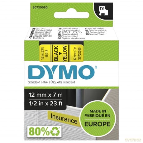 Dymo - DYMO D1 Tape - Black on Yellow - 12mm x 7m