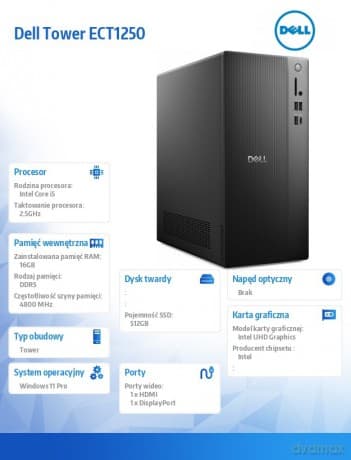 Komputer Dell Tower ECT1250 Win11Pro i5-14400/16GB/512GB SSD/UHD 730/WLAN + BT/Kb & Mouse/3YPS