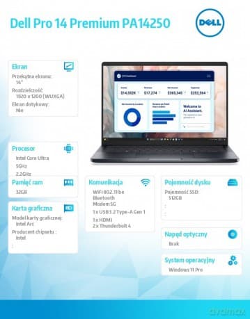 Laptop Dell Pro 14 Premium PA14250 W11P U7-268V/32GB/512GB SSD/14.0 FHD+/Arc/FgrPr/Cams&Mic/5G WWAN+BT/BcklKb/3C/vPro/3YPS Magnesium