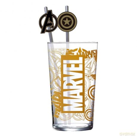Marvel Glass Tumbler with Straws Logo & Avengers 485 ml