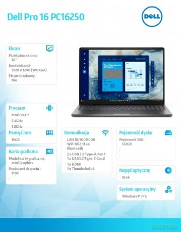 Laptop Dell Pro 16 PC16250 W11P C7 150U/16GB/512GB CL25/FgrPr/FHD IR Cam&Mic/WLAN+BT/16.0 FHD+/BcklKb/3C/3YPS Magnetite color, textured finish