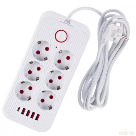 Listwa zasilająca MCE391 W 6 gniazd 4xUSB-A 1xUSB-C 110-240V AC 50/60Hz, 2.1A max 2500W, biała