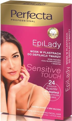 Dax Cosmetics Perfecta: EpiLady - Cukrowy wosk do depilacji twarzy w plastrach (12 plastrów + 5 chusteczek z oliwką)