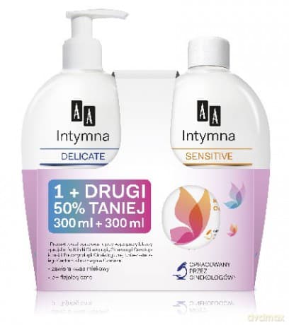 AA Ciało Wrażliwe DUO Płyn do higieny intymnej DELICATE dozownik 300 ml + Płyn SENSITIVE nakrętka 300 ml gratis