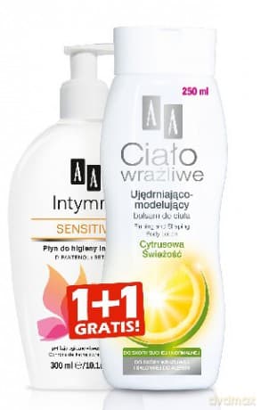 AA Ciało Wrażliwe DUO Płyn do higieny intymnej SENSITIVE dozownik 300 ml + Balsam do ciała cytrusowy 250 ml gratis)