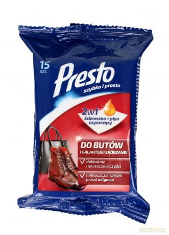 Presto Ściereczki czyszczące + płyn 2w1 do butów i galanterii skórzanej 1op. -15szt