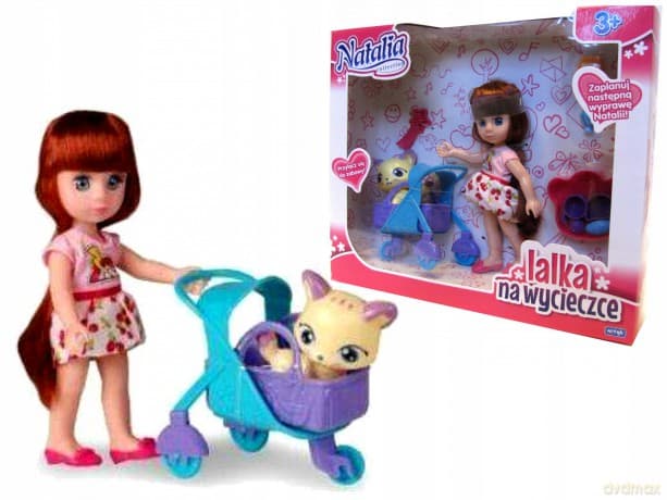 Lalka Natalia z kotkiem w wózku